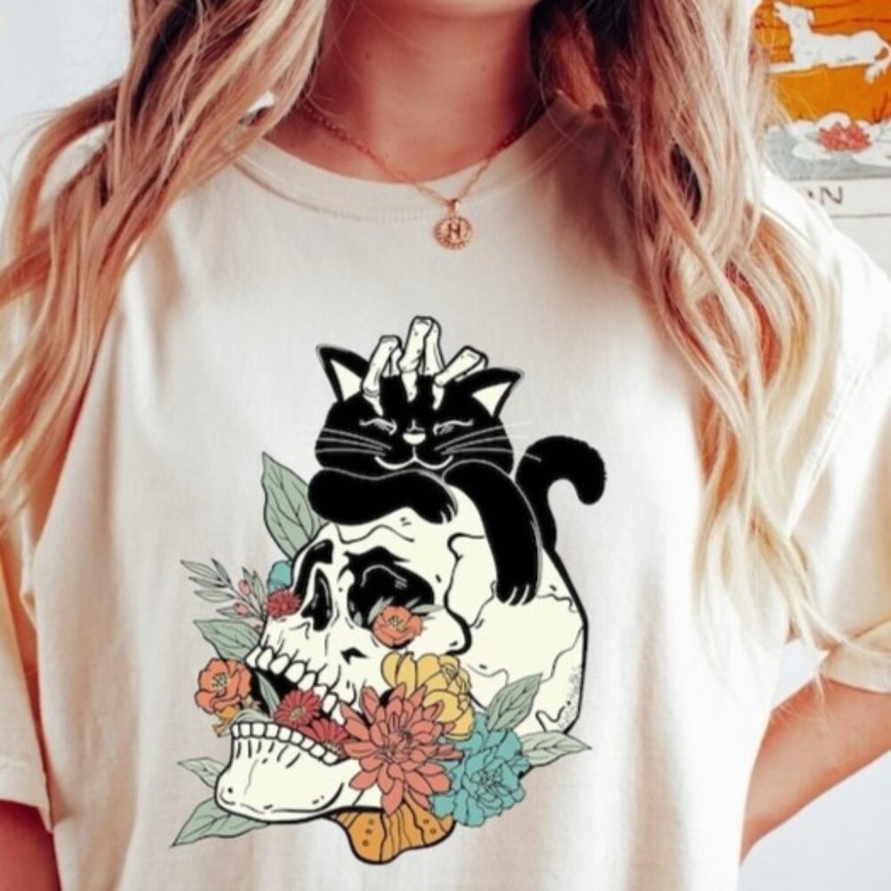 Cat Floral Skull T-Shirt, Comfort Colors Halloween Shirt, Graphic Shirt